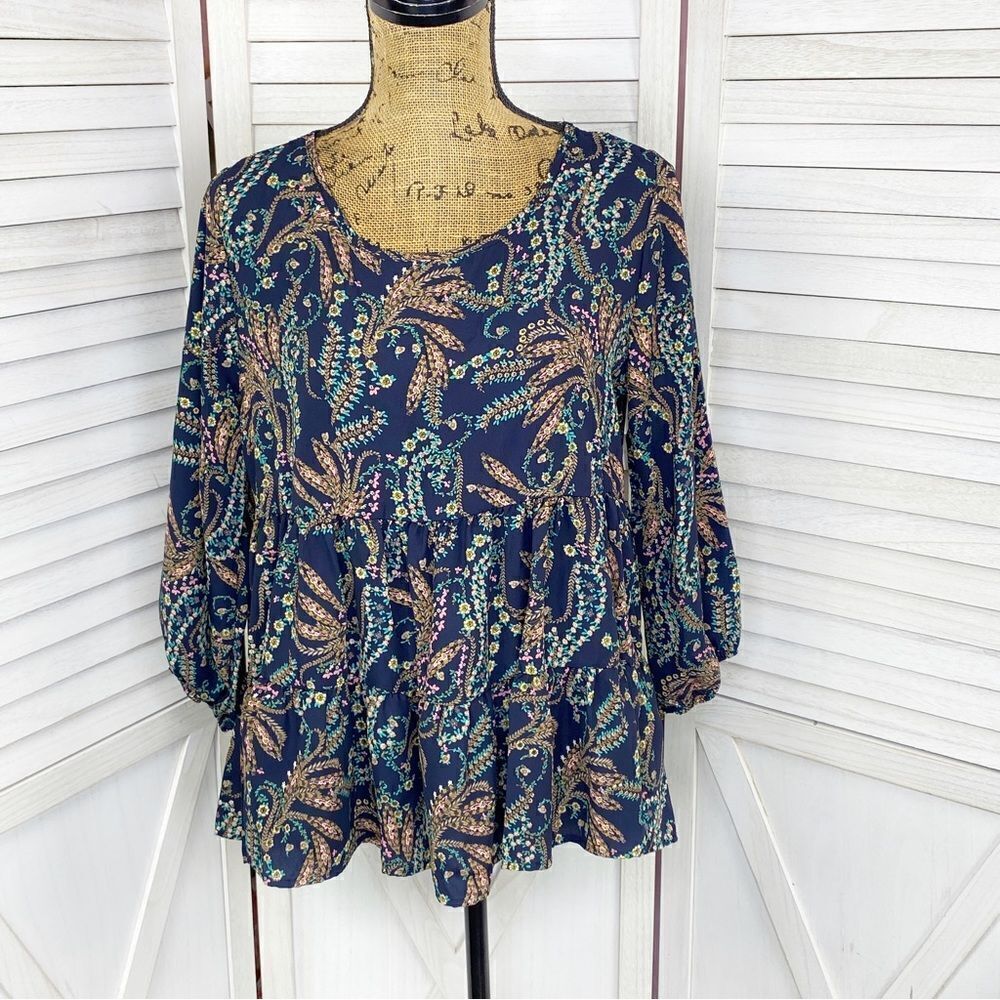 Les Amis Floral Boho Tiered Ruffle Hem Blouse Blue Multi Small‎